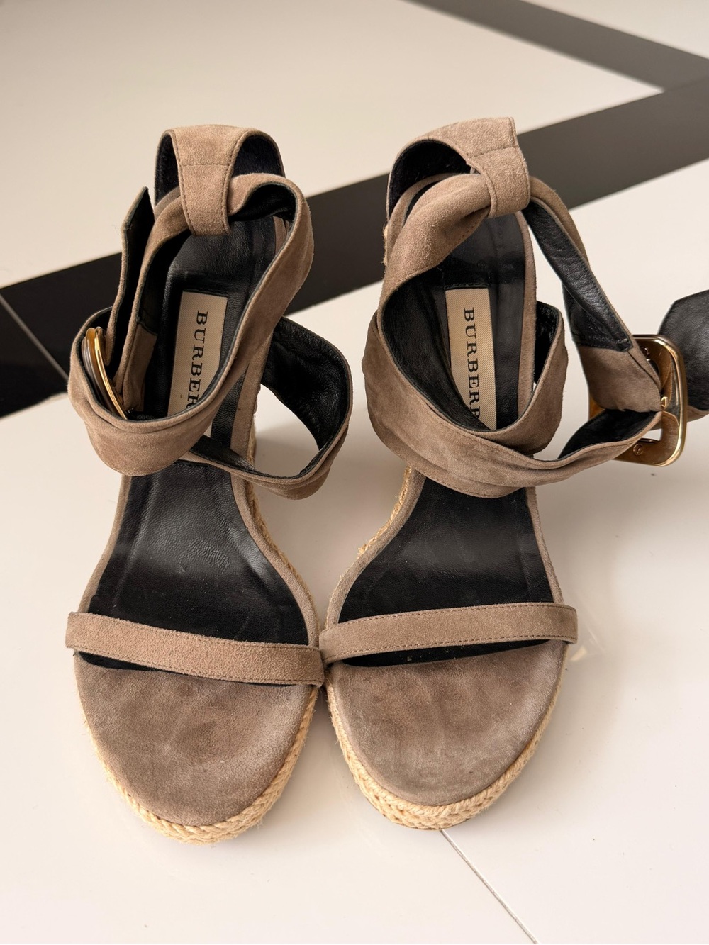 Burberry Taupe Suede Espadrille Ankle-Wrap Wedges